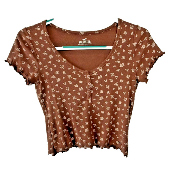 Hollister Tops - Hollister Brown Floral Lettuce-Hem Cropped Top Women’s Medium Baby Tee